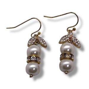 Faux Pearl Gold Drop Pierced Earrings with Rhinestones Roaring 20s, Art Deco
